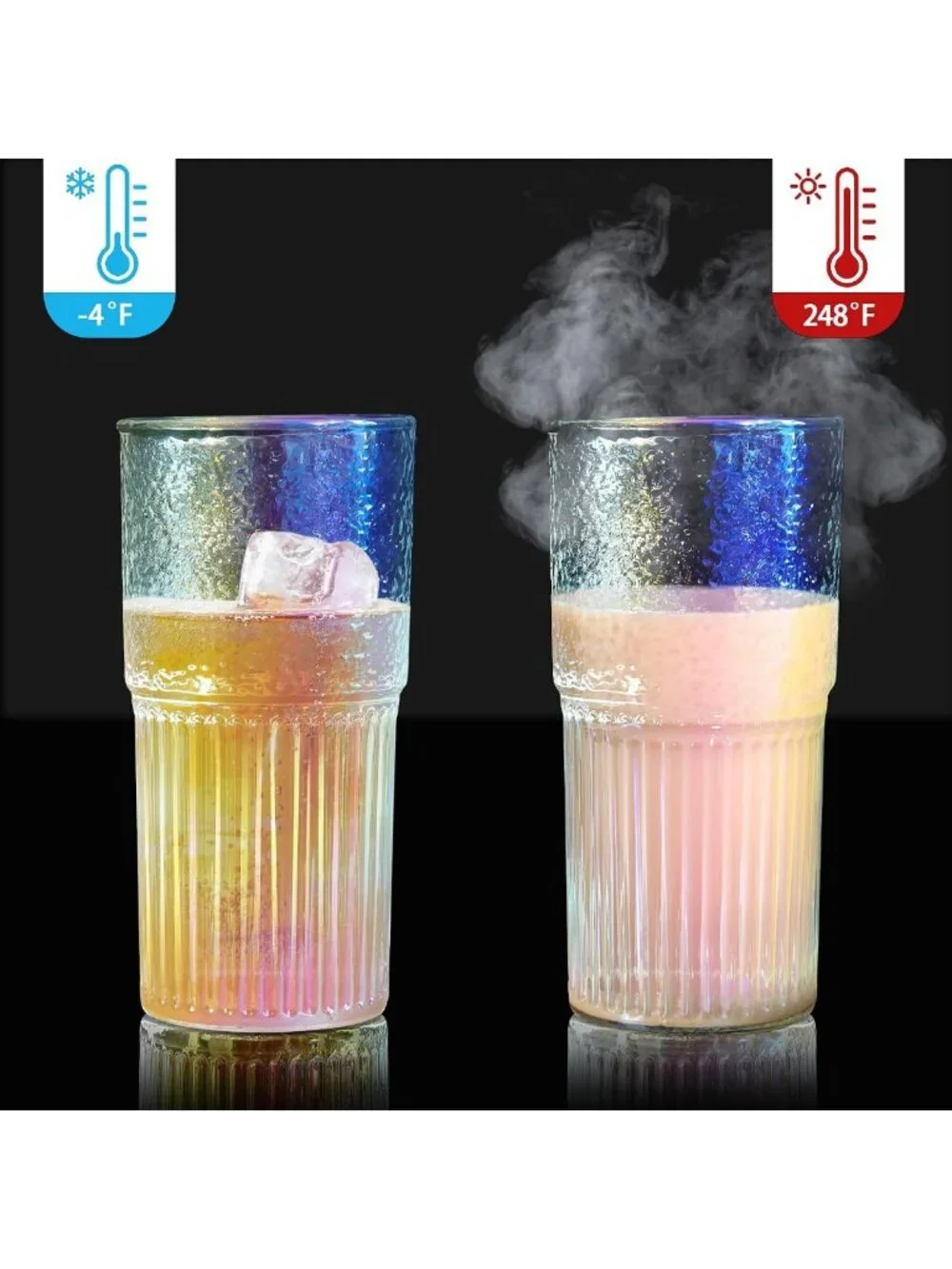 Iridescent 22oz Glass Tumbler with Straw & Lid - Ribbed Design, Perfect for